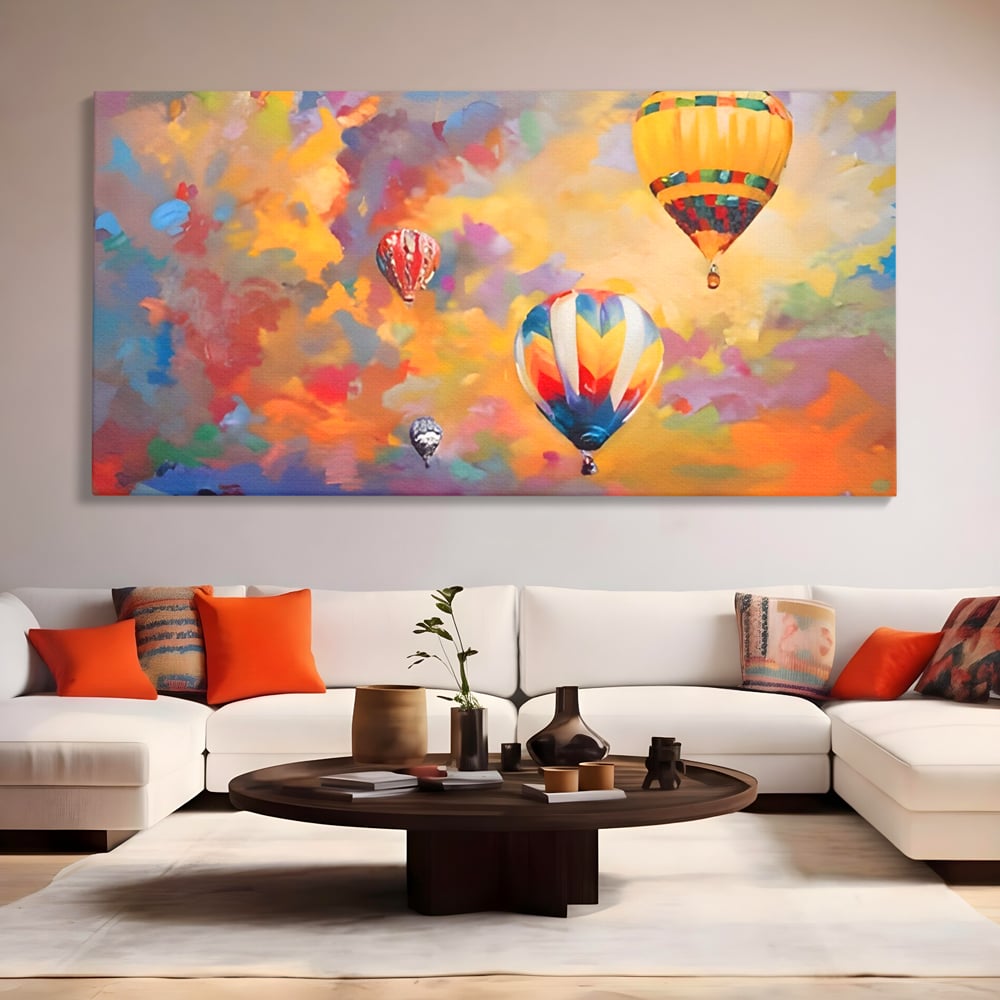 Tablou canvas cu tablou pictura baloane cu aer cald, fara rama, pe sasiu de lemn, pe perete intr-un living